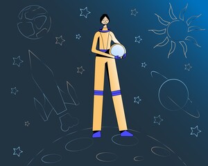 Flat illustration of astronaut girl with helmet in hand in outer space