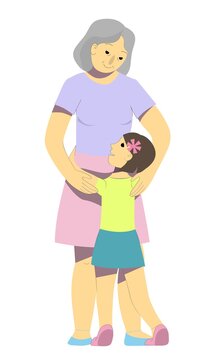 Flat illustration with happy granddaughter hugging her smiling grandmother 