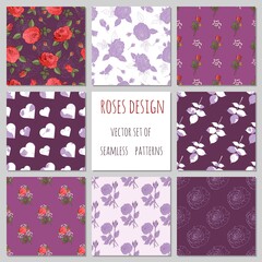 Fototapeta na wymiar set of 8 different roses patterns in violet made in vector