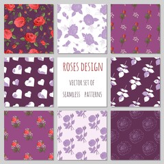 set of 8 different roses patterns in violet made in vector