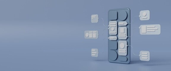 Naklejka premium UX UI flowchart connection node graphic designer creative planning application process development data prototype wireframe for web mobile icon phone . User experience concept. 3d rendering.