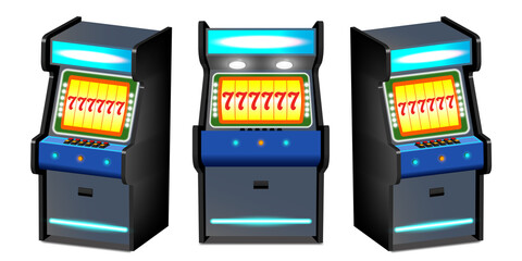 3d set of electronic slot machines for casinos with lights and shadows. The winning combination is on the screen