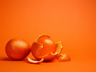 One whole orange and one balloon inside of an orange peel isolated on a vibrant orange background....