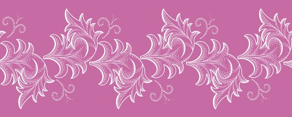 Seamless pattern, border, lower continuum. Decorative white leaves on a pink background.