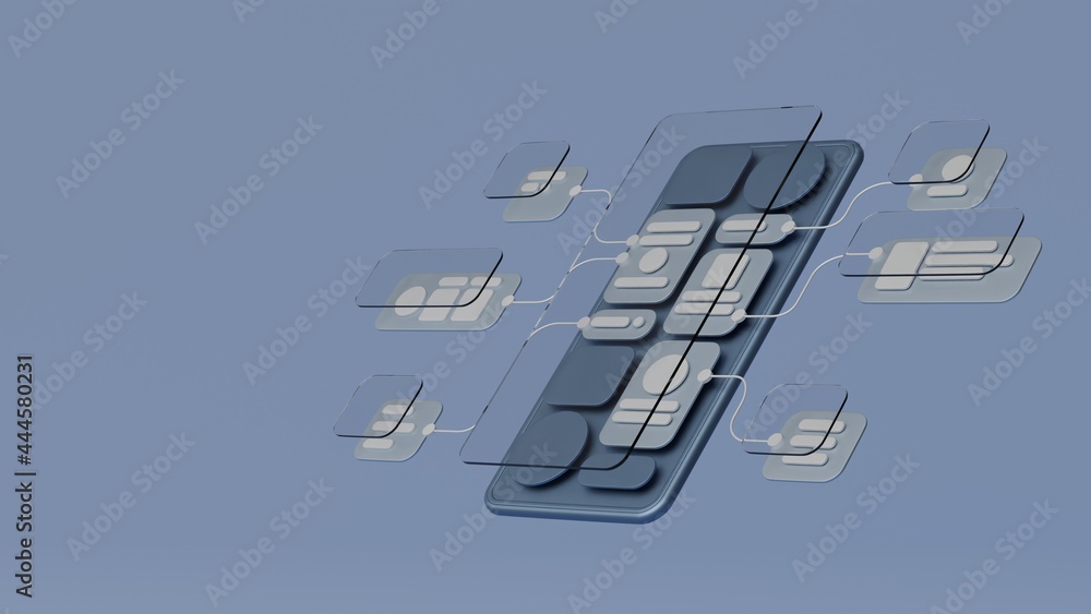 Poster UX UI flowchart connection node graphic designer creative planning application process development data prototype wireframe for web mobile icon phone . User experience concept. 3d rendering.