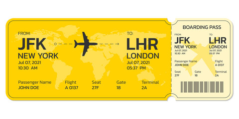 Plane ticket. Airline boarding pass template. Modern flight card blank design with the airplane. Air travel or trip concept. Vector illustration. - obrazy, fototapety, plakaty