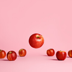 Red and ripe apples placed in a row with one flying and levitating apple isolated on a bright pink background. Summer or fall fruit, delicious and healthy snack. Creative food concept.