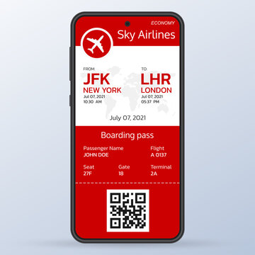 Plane ticket on the smartphone screen. Mobile boarding pass. Online, electronic airline ticket. Modern flight card blank design with the airplane. Air travel or trip concept. Vector illustration.