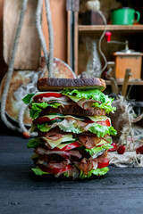 Big sandwich with bread, prosciutto, lettuce, tomtatoes, cucumber and cheese in the kitchen