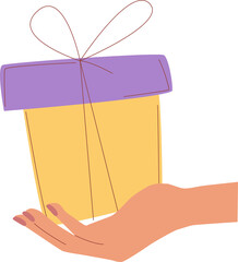 The hand holds a gift box with a bow. Vector greeting flat illustration with a gift box in his hands on a white background.