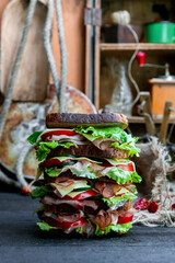 Big sandwich with bread, prosciutto, lettuce, tomtatoes, cucumber and cheese in the kitchen