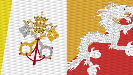 Bhutan and Vatican Flags Together Fabric Texture Illustration Background