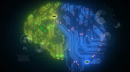 Concept colored circuit board in form of human brain, Hud display and animation of brain work.