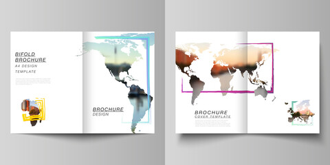 Vector layout of two A4 cover mockups templates for bifold brochure, flyer, cover design, book design, brochure cover. Design template in the form of world maps and colored frames, insert your photo.