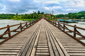 Mon Bridge or Longest wooden bridge in Sangklaburi Kanchanaburi, Thailand.
