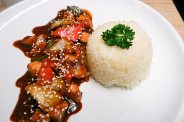 Chicken black pepper and white rice. Delicious food