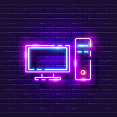 Stationary computer neon sign. Computer Glowing Icon. Vector illustration for design. Technology concept.