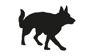 Walking german shepherd dog puppy. Black dog silhouette. Pet animals. Isolated on a white background.