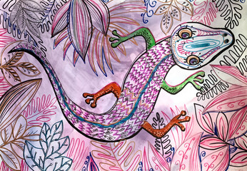 Bright beautiful drawing of a lizard. Children's drawing.