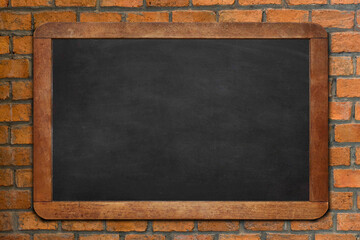 Empty green chalkboard texture hang on the brick wall. double frame from green board and brick background. image for background, wallpaper and copy space. bill board wood frame for add text