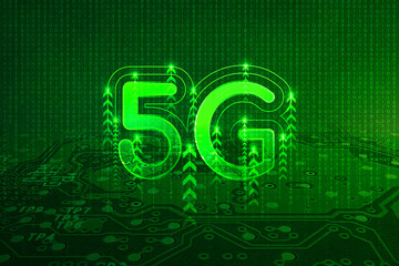 5G network wireless internet, High-speed mobile Internet, Wi-fi connection. Hi-tech digital technology concept. Binary code abstract technology background