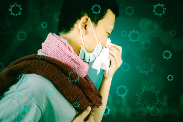 Man sneeze on a tissue while gets infected covid-19