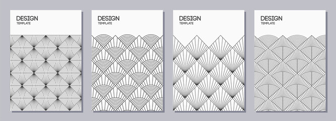 Set of flyer, posters, banners, placards, brochure design templates A6 size. Art deco monochrome patterns. Graphic design templates for greeting, invitation cards. Geometric vector backgrounds.