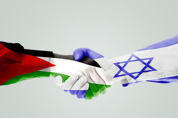 Two hands handshake with Israel and Palestine flag