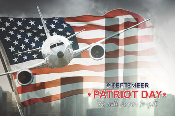 Airplane with American flag and Patriot day text - obrazy, fototapety, plakaty