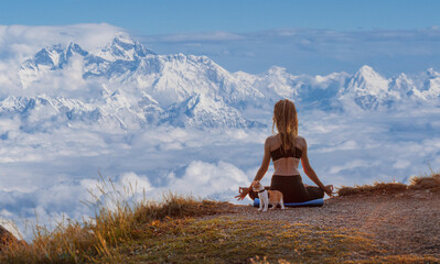Serenity and yoga practicing at himalayas mountain range, meditation