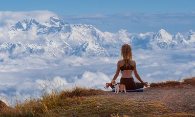 Papier Peint photo Ama Dablam Serenity and yoga practicing at himalayas mountain range, meditation