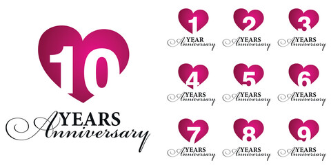 Set of Anniversary years vector creative design emblems with negative space numbers love red color heart for celebration event, invitation, greeting