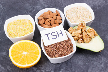 Natural ingredients, fruits and vegetables containing vitamins for healthy thyroid