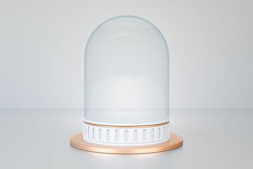 3D rendering background. Roman style white gold cylinder stage podium with glass cover gift.