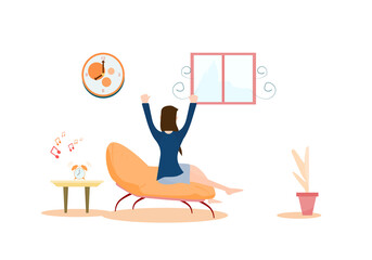 Concept happy relax. Women sitting on the sofa in the morning stretching his arms. Vector flat style. Illustration for content wake up, morning, time, relaxing, holiday, sleep, quiet, rest, lifestyle