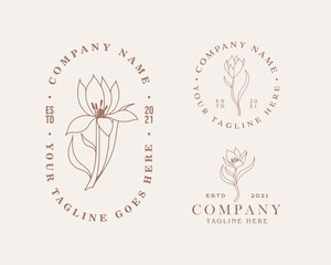 Hand Drawn Feminine Botanical Logo Templates Set. Retro Floral Illustration with Classy Typography.