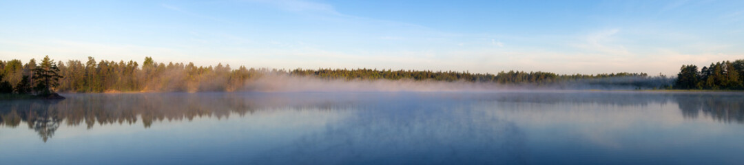 Fototapeta na wymiar forest lake with morning fog