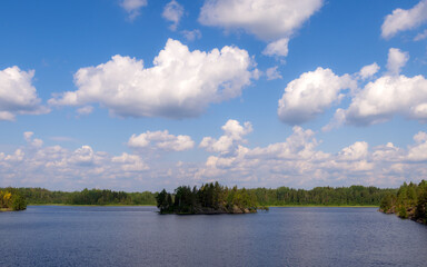 rocky island on a forest lake