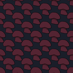 Dark tones seamless pattern with pink outline mushroom shapes. Navy blue background.