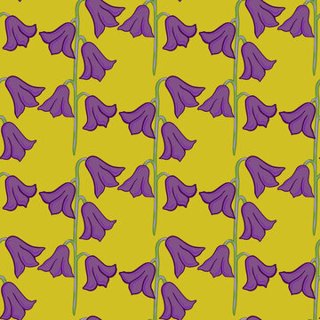Bloom seamless pattern with purple bell flowers elements ornament. Yellow pale background. Abstract style.