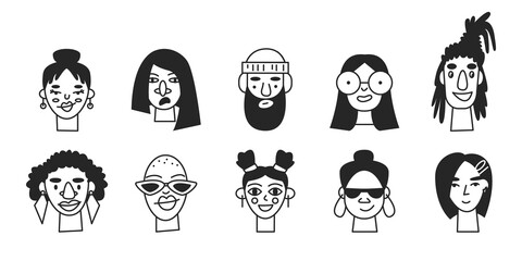 Doodle monochrome monoline people portrait isolated. Line male and female user profile avatars. Trendy hand-drawn human icons collection. Happy minimal characters. Vector simple sketch illustration - obrazy, fototapety, plakaty