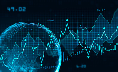 Neon green, blue chart waves with the holographic globe