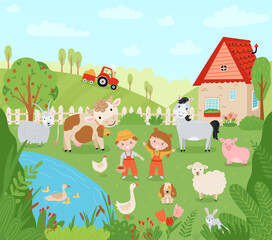Landscape farm. Cute background with farm animals in a flat style. Children farmers are harvesting crops. Illustration with pets, children, mill, pickup, village house. Vector