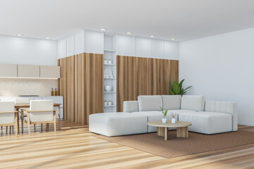 Naklejka na ściany i meble Corner view on studio kitchen with sofa, beige