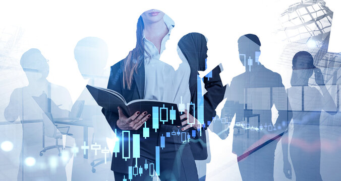 Businesswoman in suit holding notebook. Silhouettes of business partners, double exposure of people and modern office with city view on background. Concept of international business