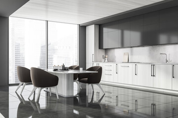 Corner of panoramic grey kitchen with brown chairs, wooden elements