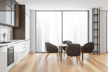 Modern Kitchen Room Interior in skyscraper building, big Asian city. Luxury apartment on high floor.