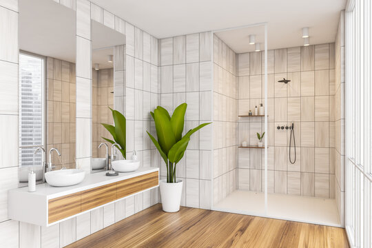 Corner of grey beige shower room with big green plant