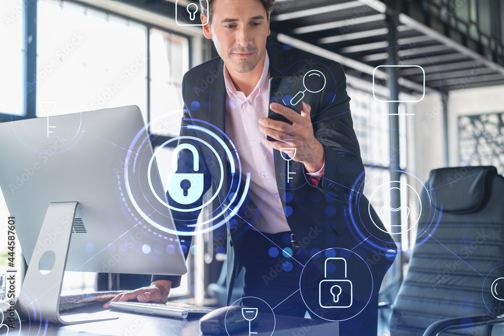 Poster businessman in suit checking cyber security using smart phone to protect clients confidential inform
