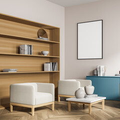 Poster in living room with blue sideboard, corner view with bookshelf